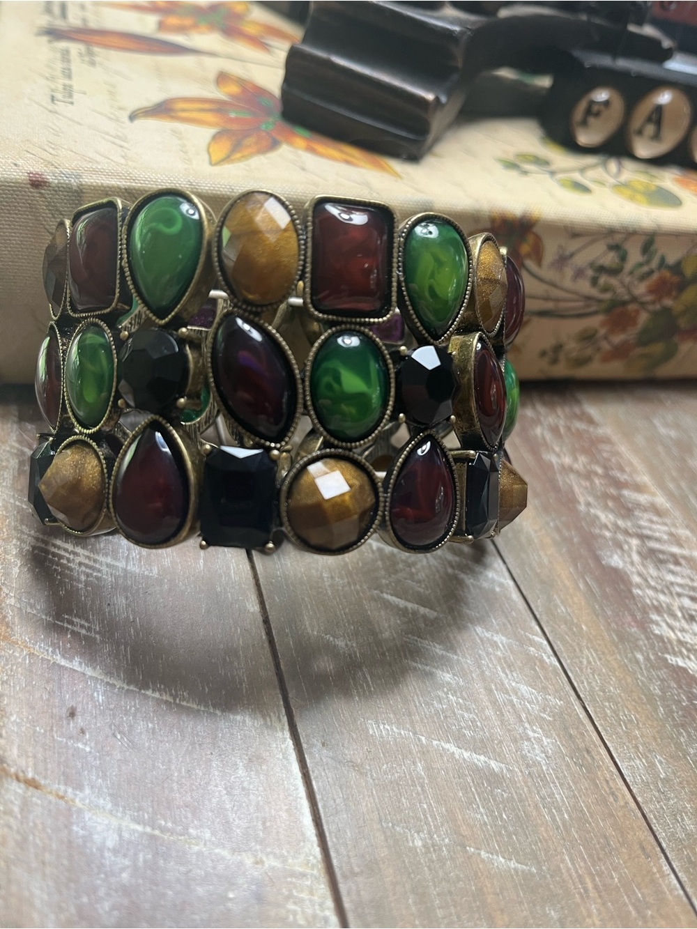 Multicolor Stone Stretch Bracelet - Green, Brown, Burgundy and Black